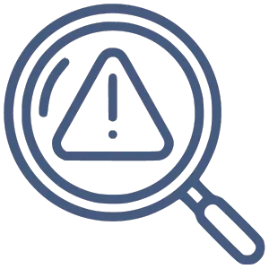 A magnifying class with a caution sign for our Brand Evaluation Symbol - HSM dark dark blue